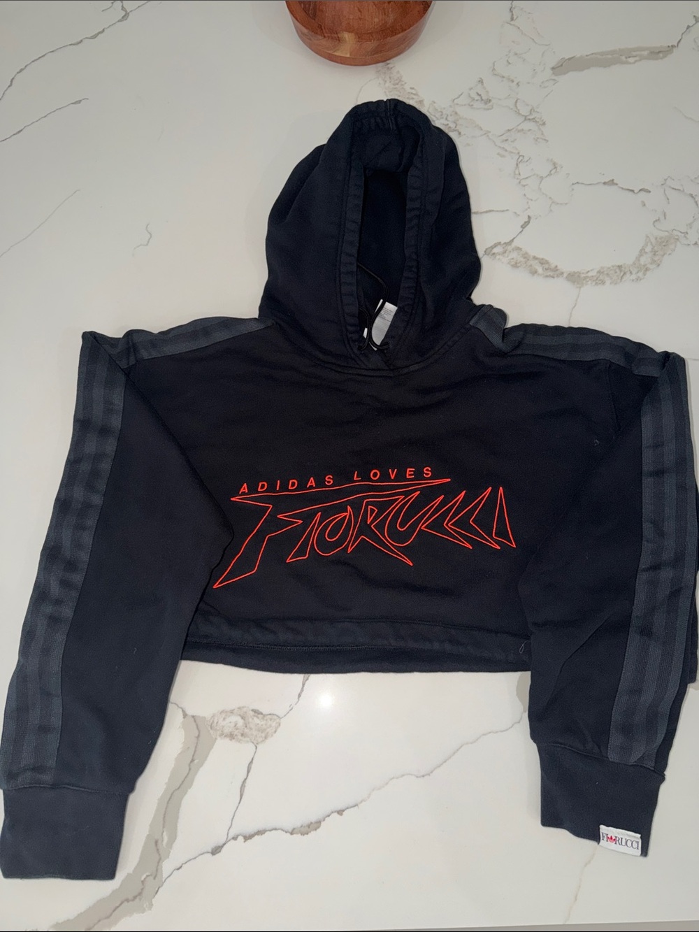 Adidas/ Fiorucci Black Cropped Hoodie with Orange Graphic